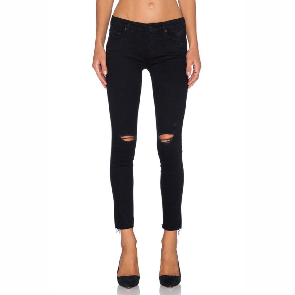 Mother Jean Womens 27 Black The Looker Ankle Fray-Guilty as Sin Distressed Knees